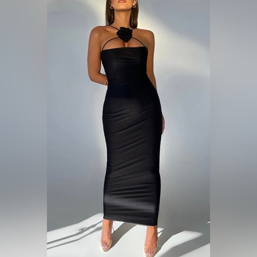 Marissa Black Halter Bodycon 3D Flower Long Midi Dress